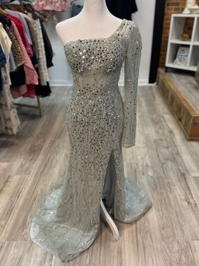 Ellie One-Shoulder Silver Beaded Gown